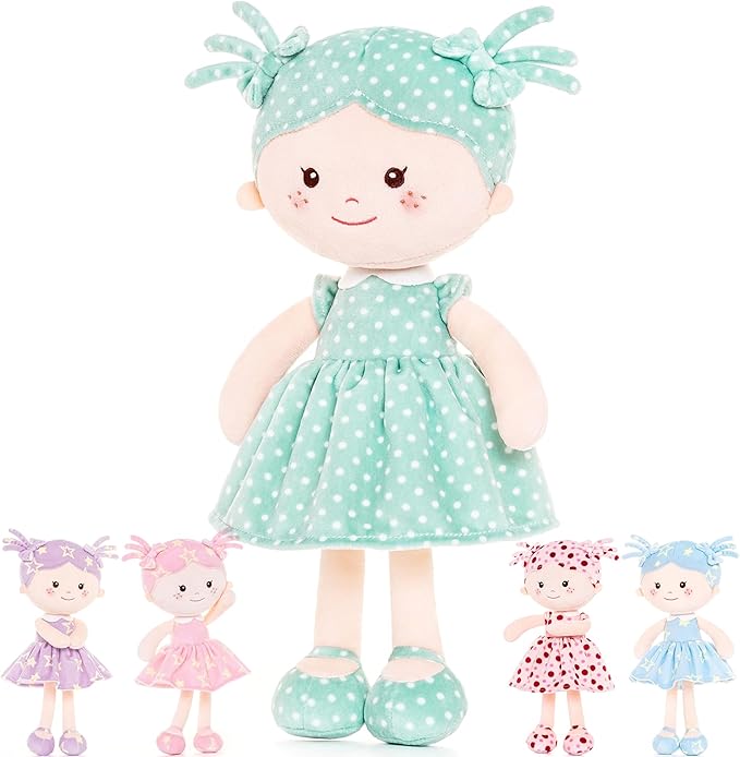 Onetoo Plush Rag Doll My First Baby Doll Soft Baby Doll for Girls Sleeping Cuddle Buddy Doll Wear Green Dress White Polka Dot 14"（Milly Series）