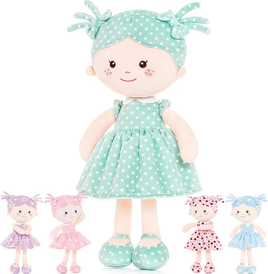 Onetoo Plush Rag Doll My First Baby Doll Soft Baby Doll for Girls Sleeping Cuddle Buddy Doll Wear Green Dress White Polka Dot 14"（Milly Series）