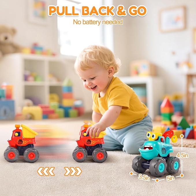 Toys for 1 Year Old Boy, Monster Truck Toys Construction Cars for Toddler 1-3 Crane Truck Dump Excavator Pull Back Car Toddler Toys for Baby 12-18 Months 1 Year Old Boy Gifts for Birthday Xmas