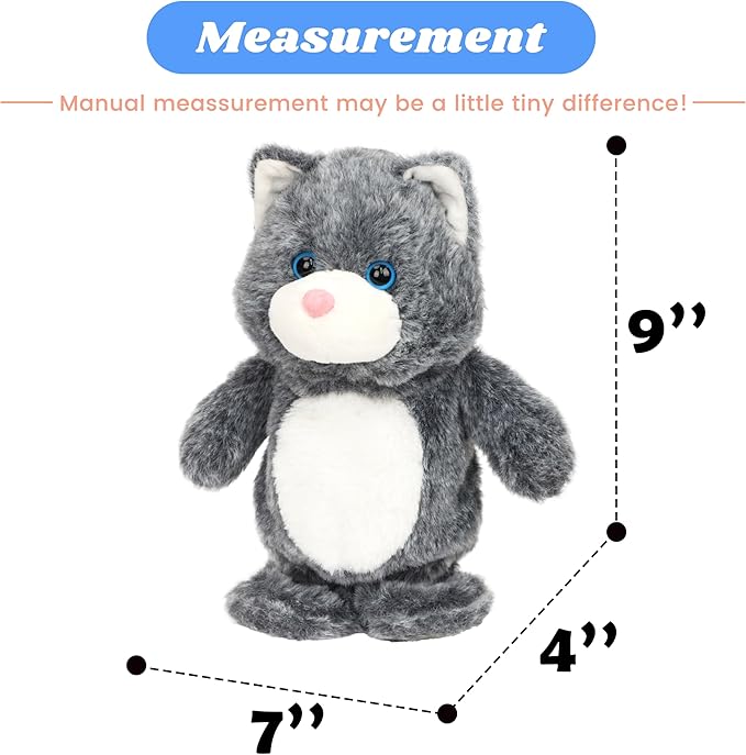 Hopearl Talking Singing Cat Repeats What You Say Kitty Walking Kitten Electric Interactive Animated Toy Speaking Plush Buddy Gifts for Toddlers, Gray, 9''