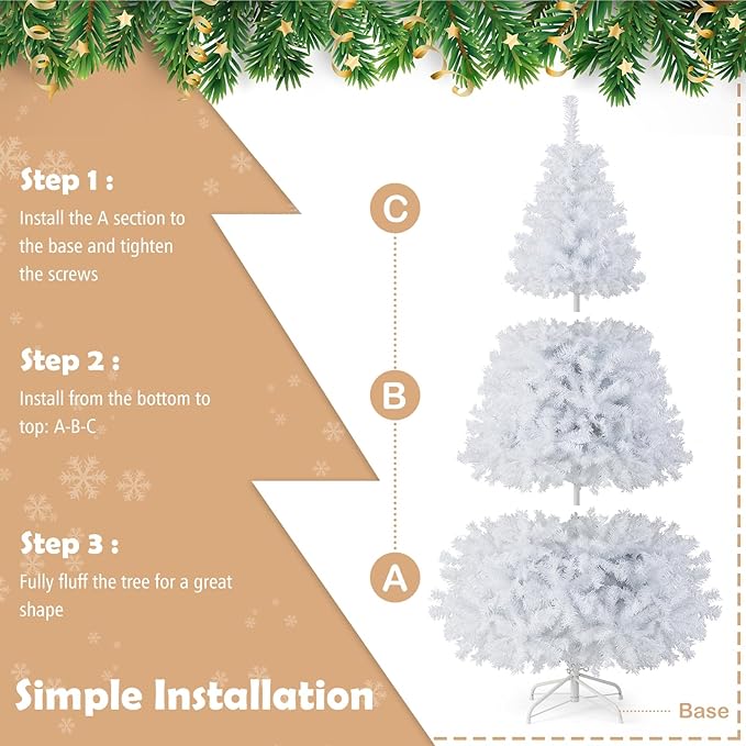 GOFLAME 6FT White Christmas Tree, Artificial Hinged Christmas Tree with 1000 PVC Branch Tips and Folding Metal Stand, Indoor Outdoor Xmas Decoration Tree for Home Office Party, Easy Setup