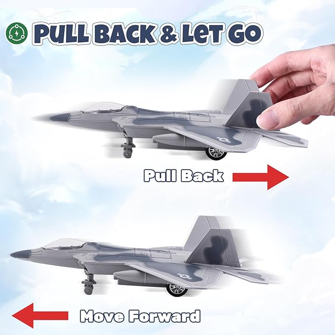 2-in-1 Diecast Fighter Jet Toy Set with Lights & Sounds, Pull Back Airplane F-22 & SU-57 1:144 Scale Military Aircraft Models with Display Stand, Gift for Kids & Collectors