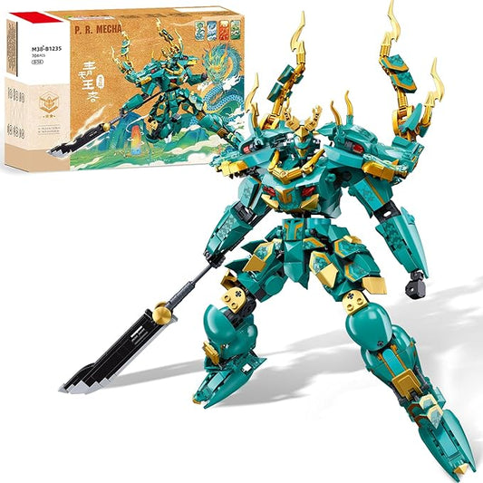 Mech Building Set, Green Dragon Samurai Ninja Action Figure for Adults, Collectible Robot Gift for Kids Ages 8+, Compatible with Lego Mech Set, 704 PCS