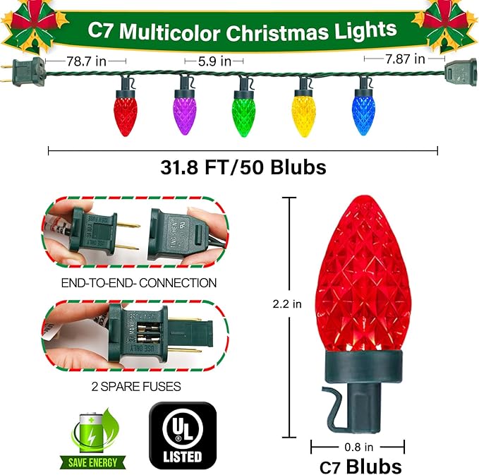 50 LED C7 Christmas Lights, 31.8FT C7 Christmas Strawberry String Lights Vintage Christmas LED String Lights Plug in Waterproof for Indoor Room Outdoor Party Garden Yard Roof Tree Christmas Decor