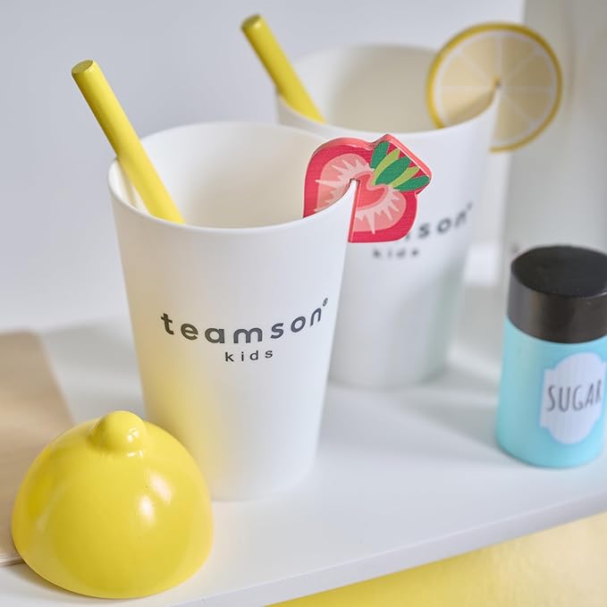 Teamson Kids Wooden Lemonade Stand for Toddlers, Pretend Play Grocery Shop with 18 Accessories, Juice Squeezer, Storage Bins, Yellow White, Age 3+