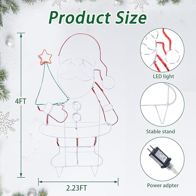 Outdoor Christmas Santa Decoration Christmas Lighted Santa Clause with Tree Neon Rope 204 LED Lights Decoration for Xmas Home Pathway Lawn Party Display