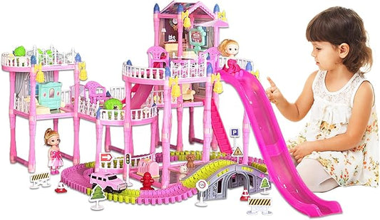 Dream Dollhouse, Racing Track, Dolls House playset with Toy Furniture and 3 Level Slide, Furniture, 1 Doll and 1 Buggy Toy and 10+ Tracks Pet and Puppy Play Area 7 Rooms