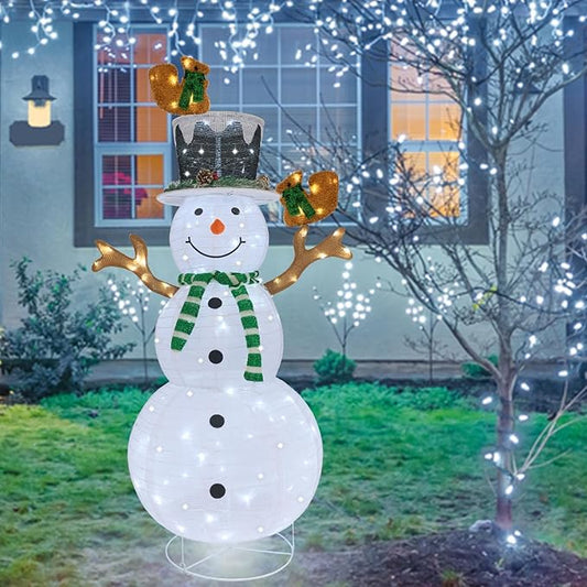 Outdoor Snowman Lighted, Pop-Up Lighted Snowman Outdoor Christmas Decorations Prelit 120 LED Lights Plug-in, Collapsible Light Up Snowmen with Squirrels Pine Cone Home Balcony Porch Yard Decor-Green