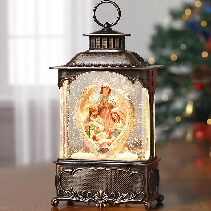 Nativity Snow Globe Lantern Christmas Decorations Gifts Auto Snowfall Glitter Music Collection Angel Nativity Scene with 6H Timer USB/Battery Powered 10.2 inch