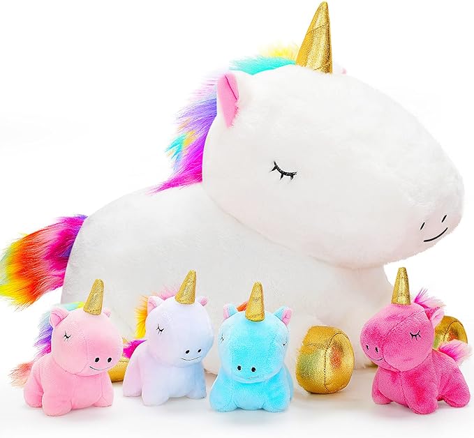 KMUYSL Toys for Girls Ages 0 1 2 3 4 5 6 7 8+ Years - Unicorn Mommy Stuffed Animal with 4 Baby Unicorns in Her Tummy, Soft Unicorn Plush Toys Set, Christmas Birthday Gifts for Baby, Toddler, Kids
