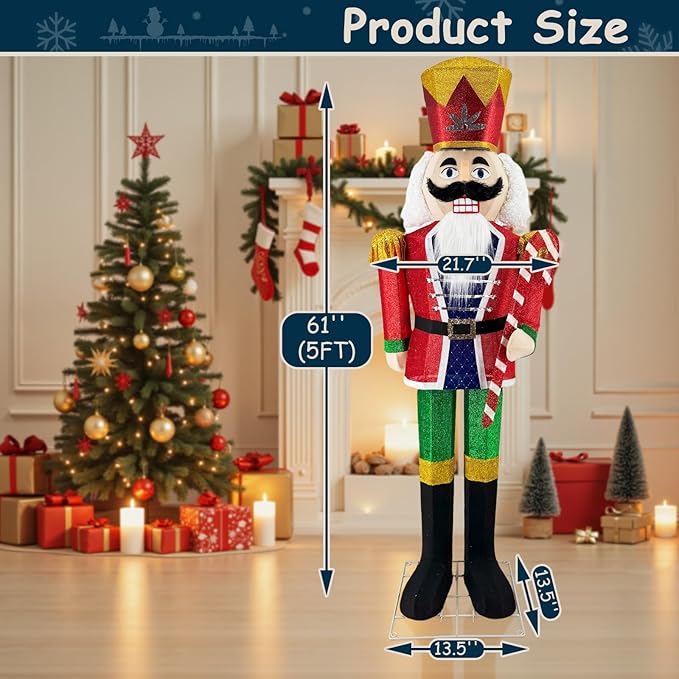 5FT Outdoor Christmas Lighted 3D Nutcracker with Candy Cane,100 LEDs Lighted-up,Outdoor Lighted Holiday Displays with Stakes & Zip Ties for All-Weather Christmas Yard Decoration, Porch, Lawn
