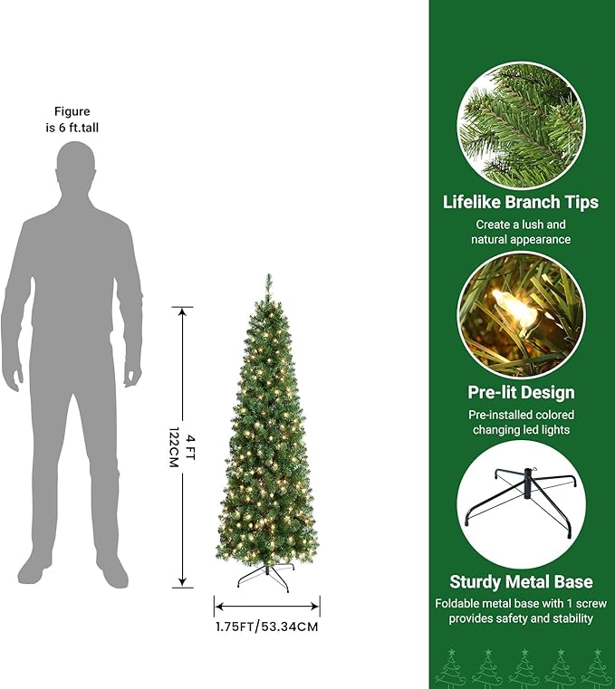 SHareconn 4 ft Prelit Artificial Hinged Slim Pencil Christmas Tree with Warm White Lights, Full Branch Tips, Good Choice Decoration for Xmas Holiday, 4 FT, Green