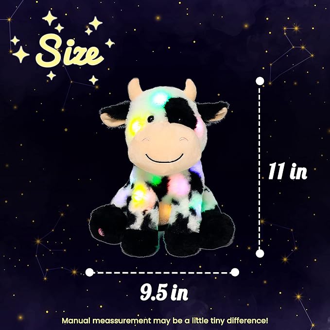 Hopearl LED Plush Smile Cow Light up Stuffed Animal Diary Cattle Floppy Night Lights Glow in The Dark Birthday Festival for Kids Toddler Girls, 11''