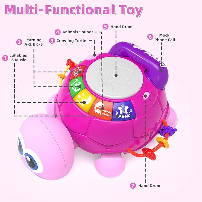 Musical Turtle Baby Toys 6-12 Months，Baby Crawling Toys for 12-18 Months,Early Learning Toy with Light&Sound,Tummy Time Toys Gifts for 3-6 4 5 7 8 9-12 18 Month Boy Girl（Pink）
