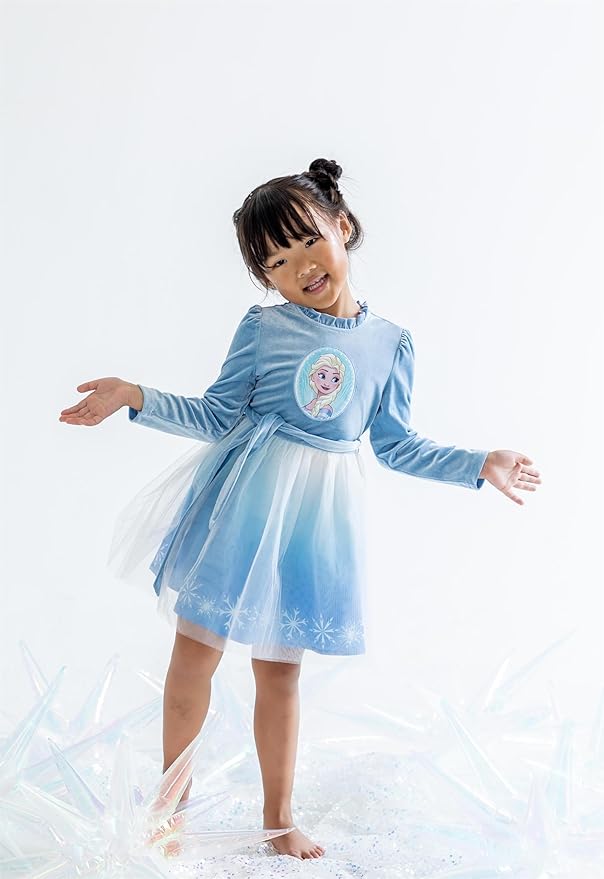 Disney Frozen Elsa Princess Cinderella Ariel Jasmine Rapunzel Baby/Toddler Dress, Ruffle Long-Sleeve Mesh Overlay Tulle Dress