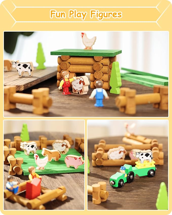 SainSmart Jr. Wooden Log Cabin Set Farm Building House Toy for Toddlers, 122 PCS Classic STEM Construction Kit with Colorful Wood Logs Blocks for 3+ Years Old