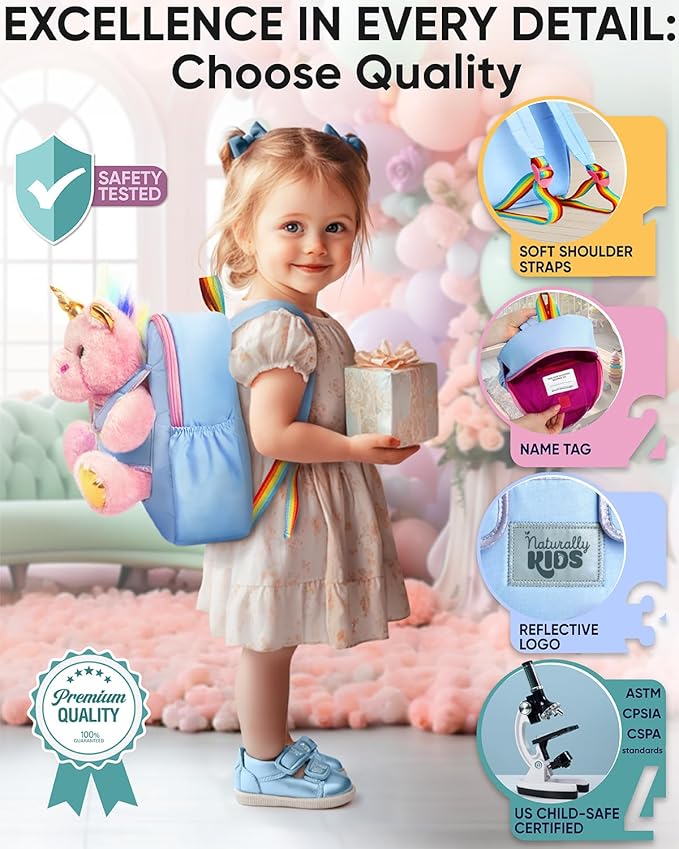 Naturally KIDS Pink Unicorn Toys, 3 Year Old Girl Gifts, Birthday Gifts for 2 Year Old Girls, Toddler Unicorn Backpack