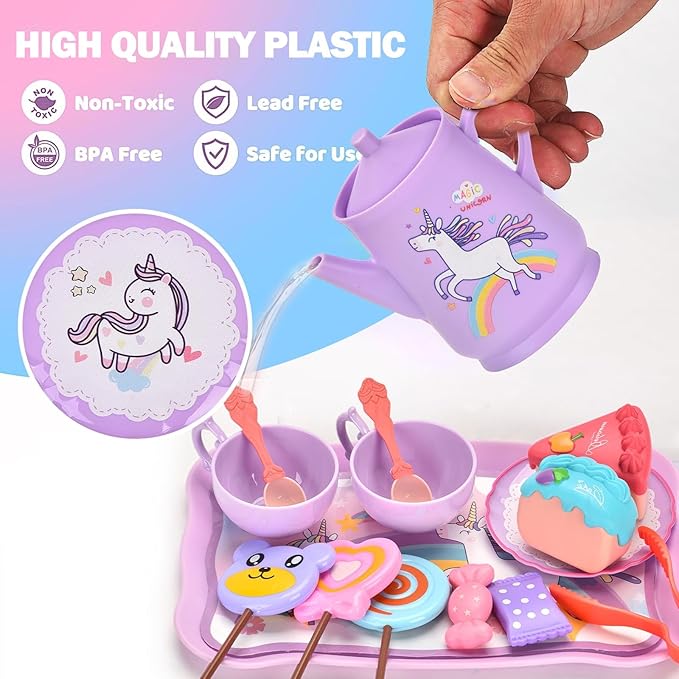 Unicorn Tea Party Set for Little Girls, Pretend Plastic Teapot Set, Princess Tea Time Play Kitchen Toy with Dessert, Carrying Case for Birthday Easter Gifts Kids Toddlers Age 3 4 5 6