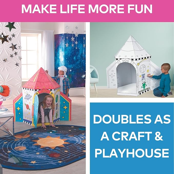 Fun Express Cardboard Playhouse Rocket Ship Toy for Kids - 5 Foot Color Your Own Spaceship for Indoor Play | White Cardboard House to Color for Toddler Activities & Creative Arts Projects