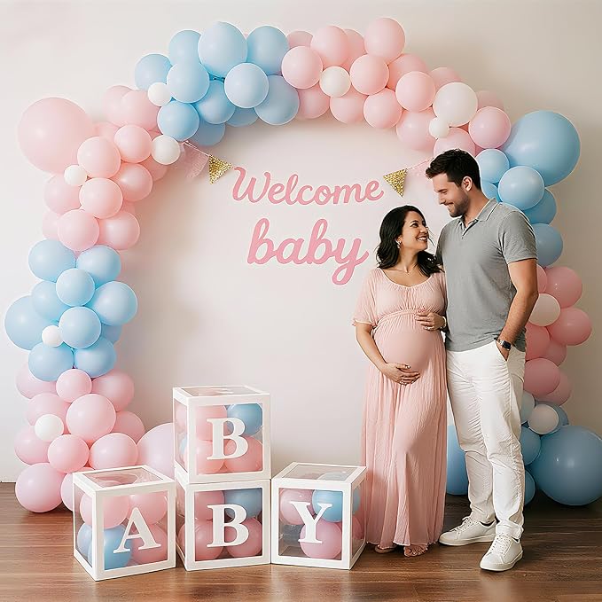 Ledido Baby Boxes with Letters for Baby Shower Decorations with 38 Balloons, 4 pcs Clear Baby Balloon Boxes Blocks for Baby Shower Decor Boy Girl Gender Reveal Decorations Backdrop Party (White)