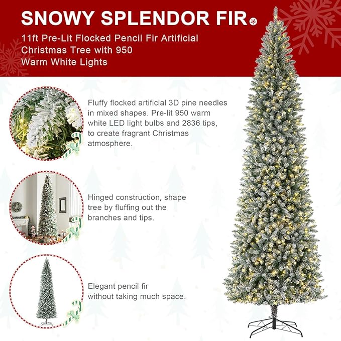 Glitzhome 11ft Artificial Christmas Tree, Prelit Christmas Tree with 950 Warm White Lights, Flocked Pencil Tree w/2836 Branch Tips, Metal Hinged & Foldable Metal Stand for Holiday Decorations