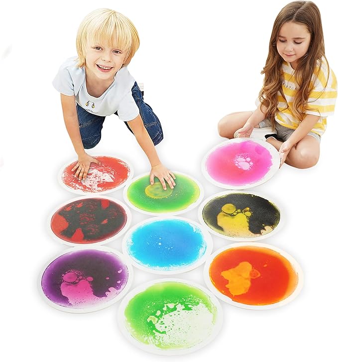 Special Supplies Circle Floor Liquid Tiles for Kids, Set of 9, Colorful Early Learning Activity Mats for Toddlers and Children, Anti-Slip Backing for Active Play, Dance, and Games