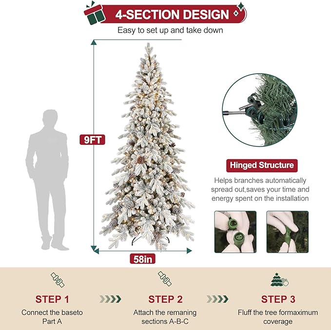 9 FT Pre-Lit Snow Flocked Slim Fir Christmas Tree with 2138 PE & PVC Mixed Branch Tips,Artificial Skinny Pencil Xmas Tree with 1250 Warm-White Lights & 52 Pine Cones,Hinged Pine Tree with Metal Stand