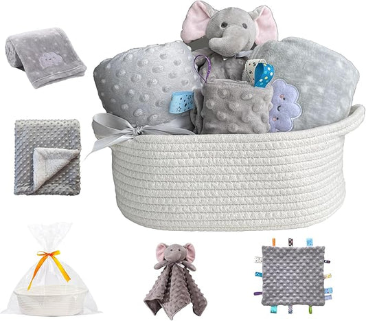 CREVENT Baby Welcome Gift Set Storage Basket with Two Blankets+ A Security Blanket + A Taggie + A Gift Bag with Ribbon (Grey)