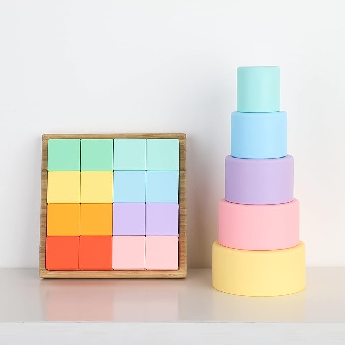 BLUE GINKGO Silicone Rainbow Blocks – [16 PC] Giftable Soft Blocks for Kids, BPA-Free Montessori Stacking Toy with Sorting Tray (Pastel)