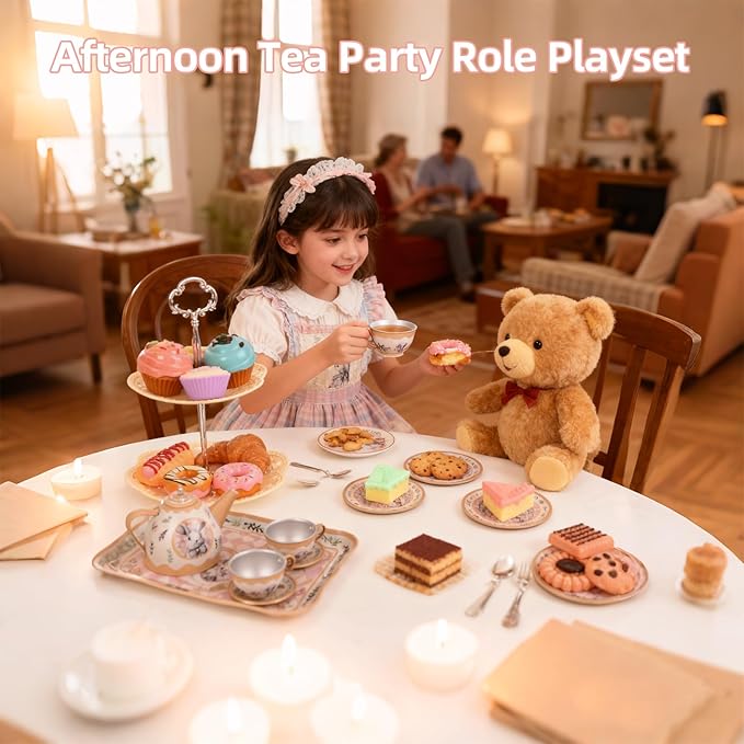 Tea Party Set for Girl, Tea Time Toys Including Tea Set Dessert Carrying Case, Kids Picnic Pretend Playset for Little Girls Birthday Toddler Kids Age 3-7