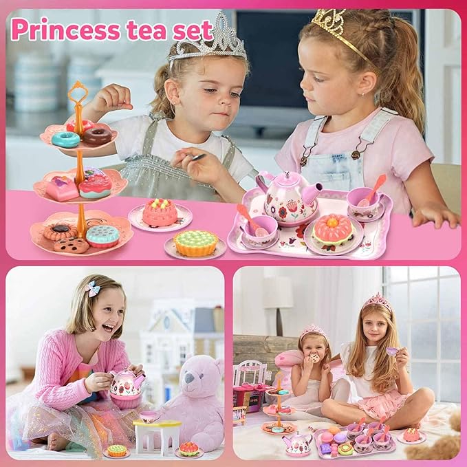 Tea Set for Little Girls, Birthday Gift for Age 3 4 5 6 Year Old, Toddler Toys Tea Party Set for Little Girls, Princess Kids Kitchen Pretend Toy with Tin Tea Set, Desserts & Carrying Case