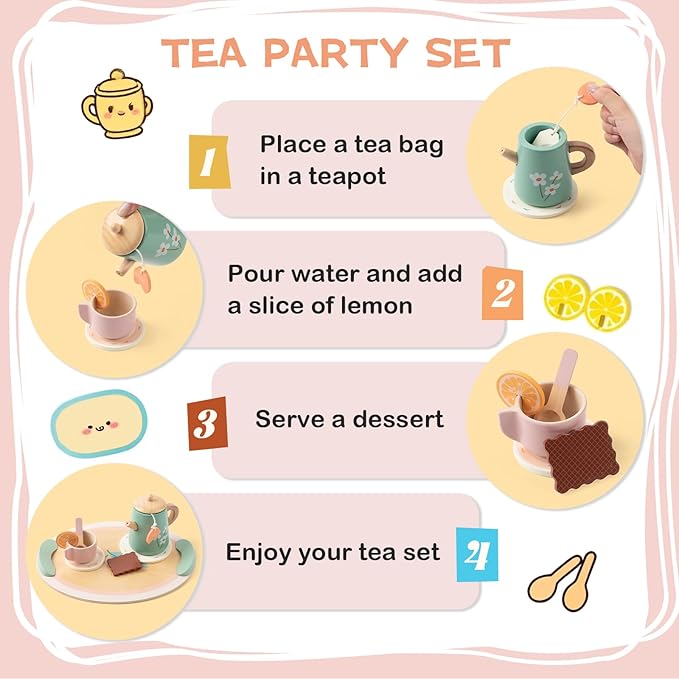 Tea Party Set for Little Girls, Wooden Kids Tea Set with Teapot Cups Coasters Carrying Dessert, Picnic Outdoor Toys Pretend Play Kitchen Accessories for 3 4 5 Years Old