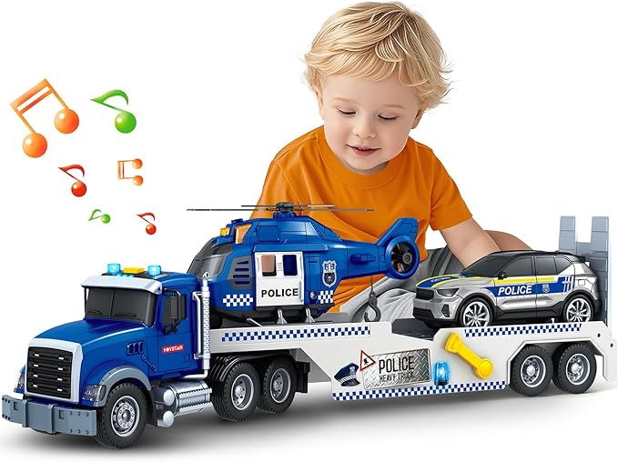 SpringFlower 21" Semi Truck Toy, 3 4 5 6 Year Old Boys Toddlers Police Truck Toy with Racing Car and Helicopter, 3 in 1 Police Car Toy, Birthday Gifts for Kids Child 3 4 5 6 Years Old