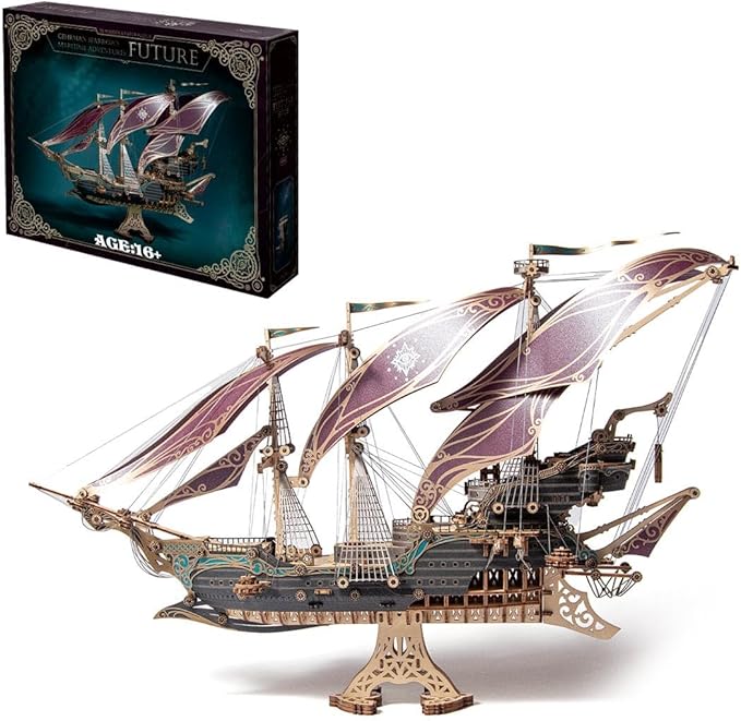 3D Wooden Puzzles for Adults, Pirate Ship Model Kit Brain Teaser Puzzles for Adults, DIY Educational Desk Toys Room Decoration (Purple)