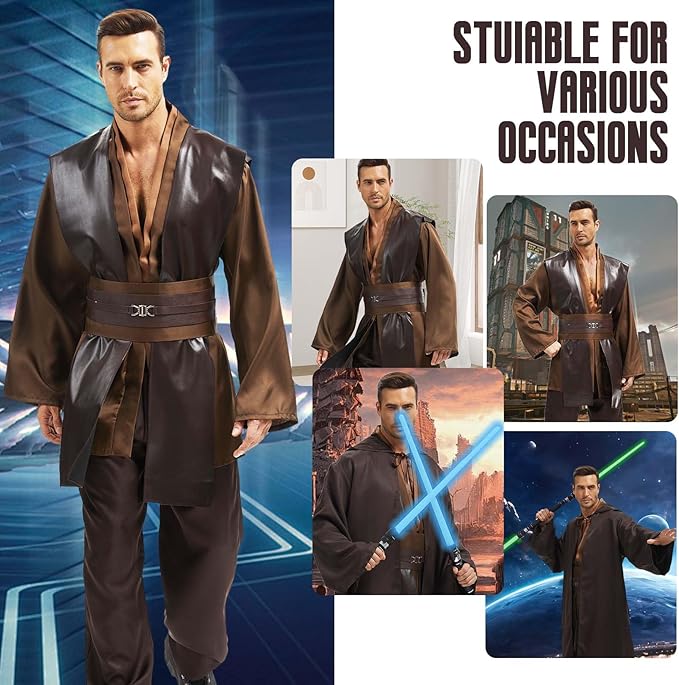 Men's Tunic Cosplay Costume with 2 PCS Light Up Saber Tunic Hooded Robe Full Set for Halloween Party