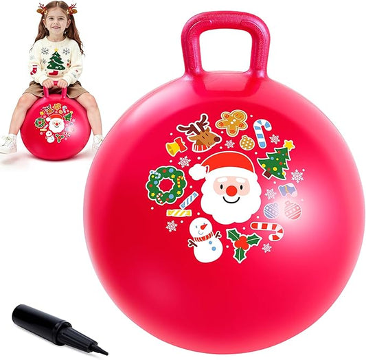 ZOOJOY Hopper Ball for Girls & Boys 3-8, Santa Claus Red 18in Bouncy Ball with Handle for Kids, Christmas Hopping Toys Indoor and Outdoor Play Includes Pump