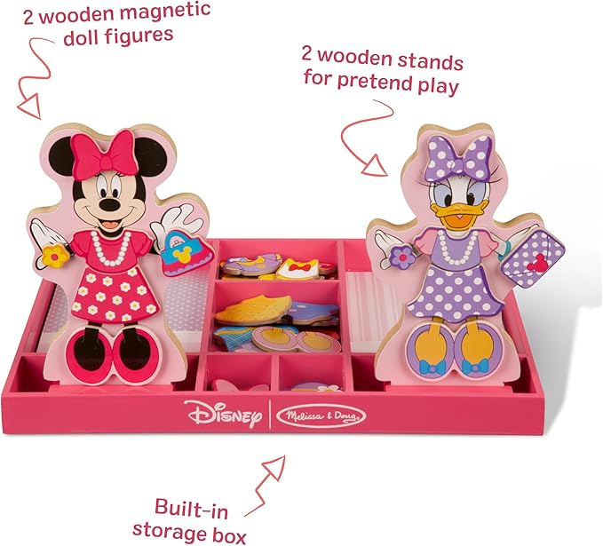Melissa & Doug Disney Minnie Mouse & Daisy Duck Magnetic Dress-Up Wooden Dolls – Pretend Play Set (40+ pcs) Minnie Mouse Toys, Disney Dress Up Dolls for Preschoolers & Kids Ages 3+