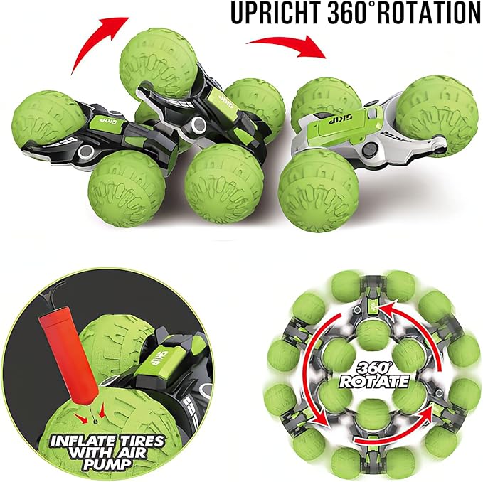 UNIQUE KIDS 1: 12 Waterproof Amphibious 360° + 360° Flip RC Car | Durable Inflatable Wheels | All-Terrain Water & Land Toy | 2.4 GHz for Kids 6-12 Years (Green)