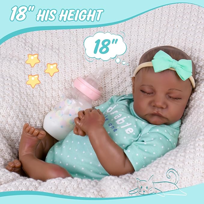 Aori Lifelike Reborn Baby Dolls Black - 18 Inch Realistic Newborn Baby Dolls Black American Real Life Babies Dolls Cloth Body with Feeding Kit & Gift Box for Kids Age 3+