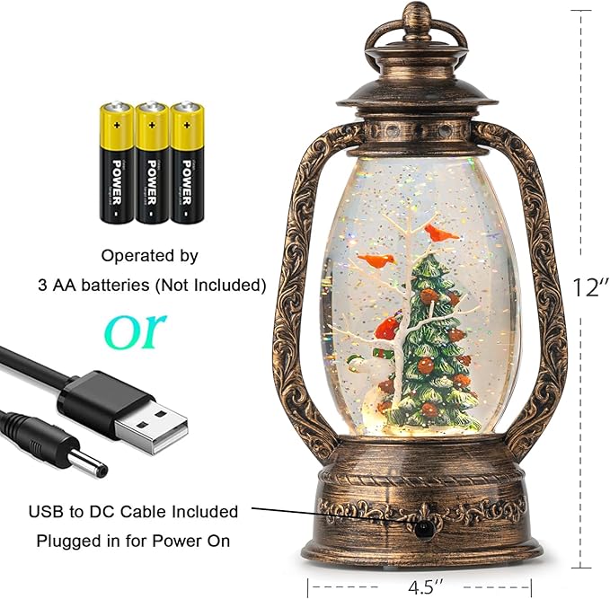 12" Christmas Snow Globe Lantern, Musical Glowing Snow Globe, Indoor Home Christmas Decor, Battery or USB Powered, with 6-Hour Timer, Holiday Decor Gift Christmas Lantern (Snowman Christmas Tree)