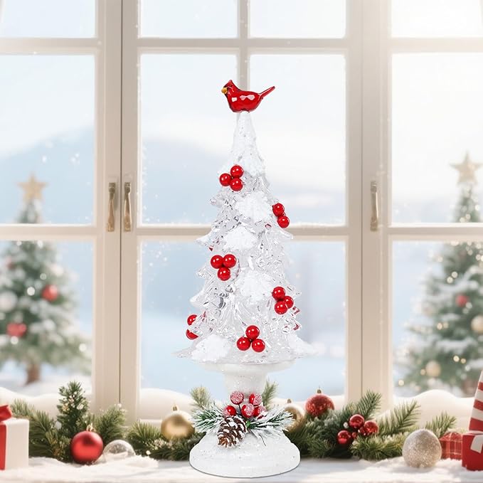Acrylic Christmas Tree Table Decor - 14" Light up LED Christmas Tree with Cardinal, Battery Operated Warm Holiday Party Mantel Decorations Gifts for Family & Cardinal Lovers, White