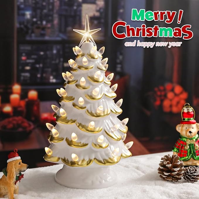 Small Ceramic Christmas Tree Hand-Painted Vintage Tabletop Christmas Tree White Golden Holiday Decoration with Multi-Color Lights 11 inch