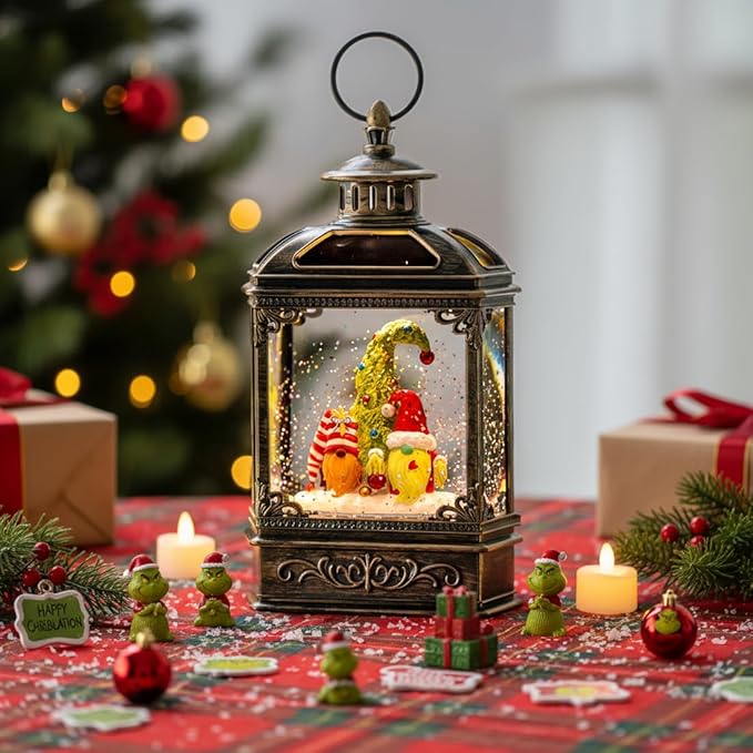 Musical Snow Globe Lantern Lighted Whimsical Christmas Tree & Gnomes Santa Elf Snow Water Lantern with Swirling Glittering Home Decoration and Gift, Battery Operated or USB Powered