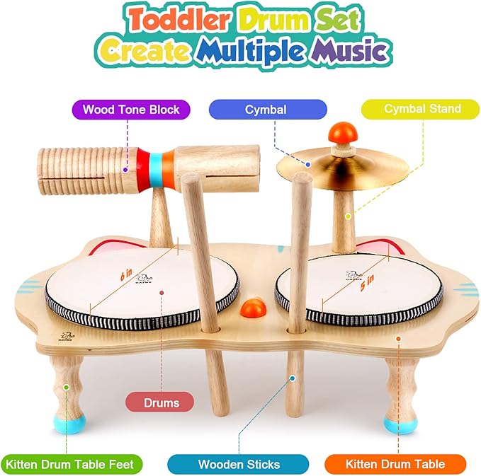 oathx Kids Drum Set All in One Montessori Musical Instruments Set Toddler Toys Natural Wooden Music Kit Baby Sensory Toys Months Birthday Gifts for Girls Boys