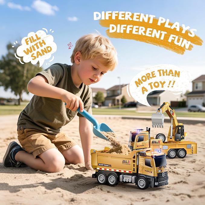 4 Pcs Alloy Construction Truck Toys For 2 3 4 5 Year Old Boys, 9" Construction Vehicles With Light & Sound, Include Excavator, Crane, Dump and Mixer, Ideas 2 3 4 5 Year Old Boy Birthday Gifts