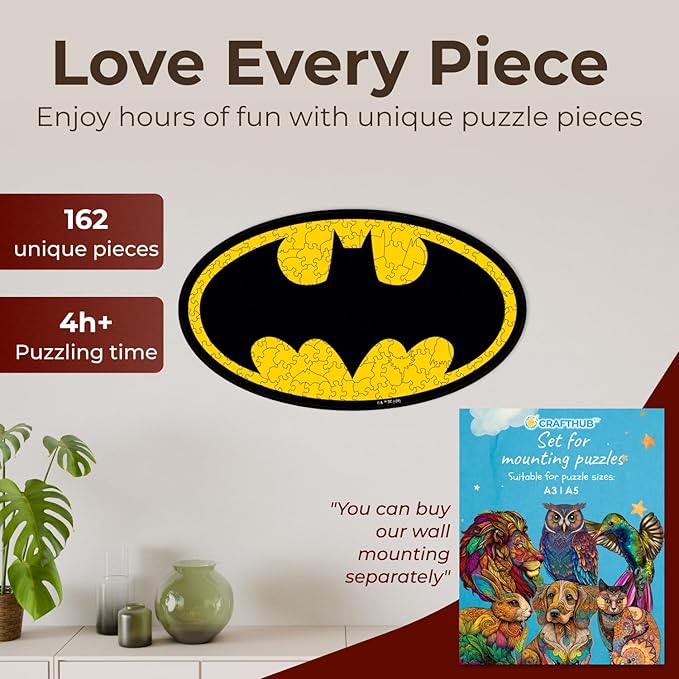 Crafthub DC Wooden Puzzles for Adults – A3 Size with 162 Pieces Wood Puzzles – Batman Logo – Jigsaw Puzzles with Unique Shapes – 8.7" x 15.3"