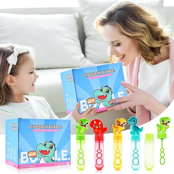 24 Pack Dinosaur Bubble Wands for Kids - Refillable Dino Bubble Sticks with Cute Dinosaur Designs, Bubbles Bulk Toys for Birthday, Classroom Prizes, Party Favors, Outdoor Play, Boys & Girls Gifts