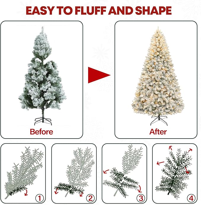 7.5 ft Snow Flocked Christmas Tree, Artificial Holiday Christmas Tree with 450 Warm White Lights, 1446 Frosted Tips, Metal Stand & Hinged Branches, Easy Assembly for Indoor Decorating