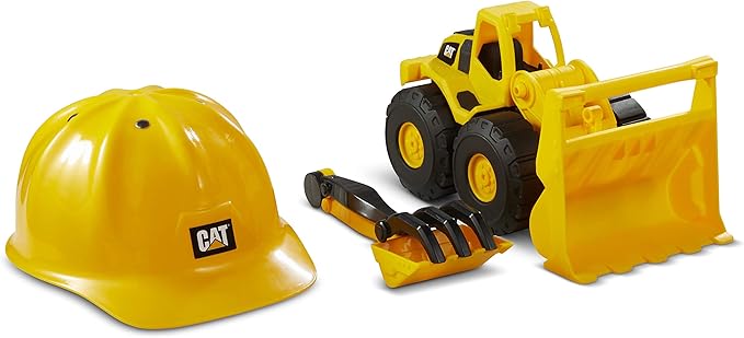 CAT Construction Toys, Front Loader Sand Set - 10" Loader, Hard Hat, & 3 Sand Tools - Kids Beach Toys And Outdoor Play