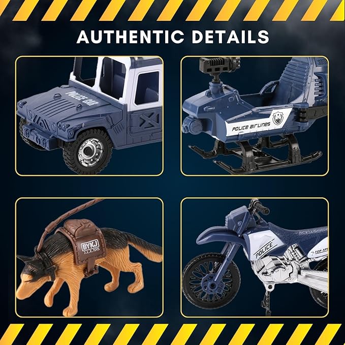 Liberty Imports 8 PCS Police Rescue Patrol Toy Vehicles and Figures Playset - Helicopter, SWAT Truck, Motorcycle, Action Figures, K-9, Weapons, and Accessories for Kids Imaginative Pretend Play